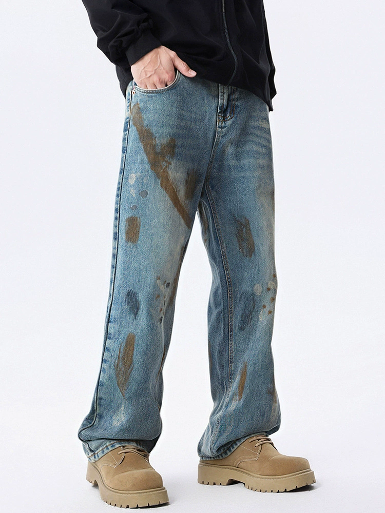 厂家直销男士宽松手绘渐变牛仔裤，复古直筒，春秋休闲，水洗时尚设计