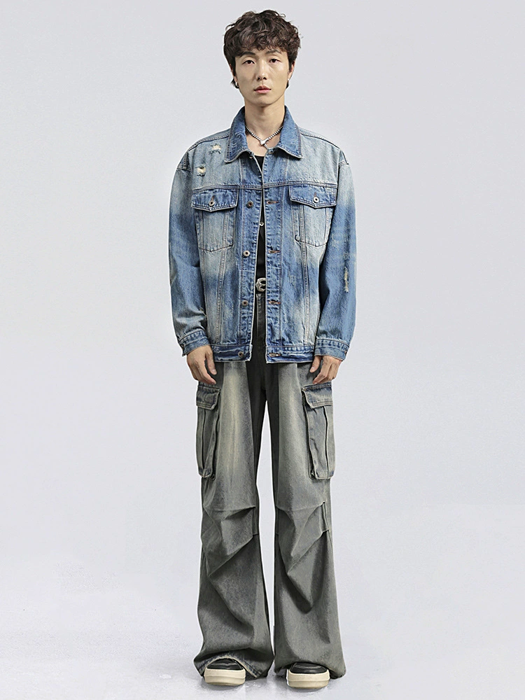 厂家直销男士宽松水洗牛仔外套，复古破洞潮流夹克，春秋休闲，耐磨舒适
