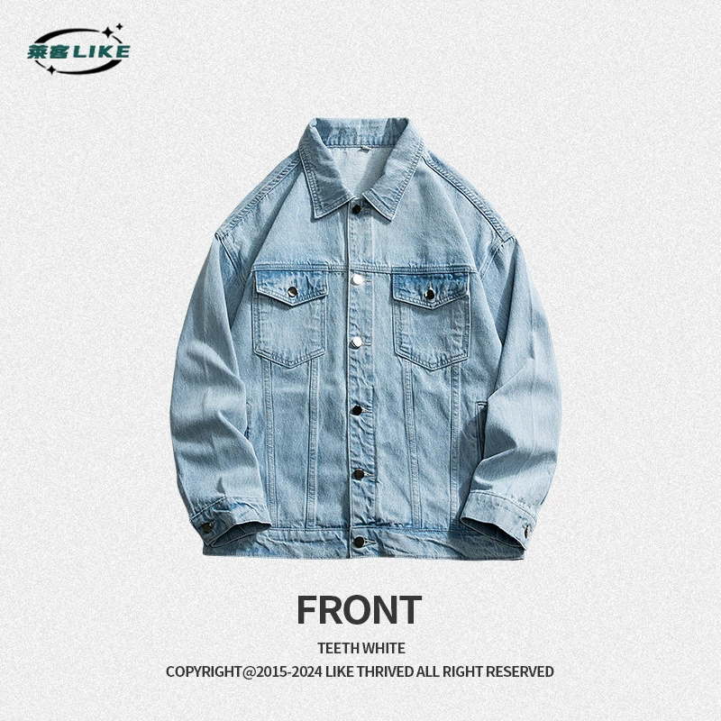 厂家直销青年宽松牛仔外套，复古潮流款式，男士牛仔夹克，春秋休闲风格，长袖免烫设计，适合日常穿搭