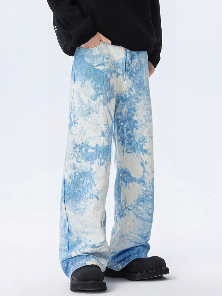 厂家直销男士宽松扎染水洗牛仔裤，春秋休闲风格，印花设计磨白款式