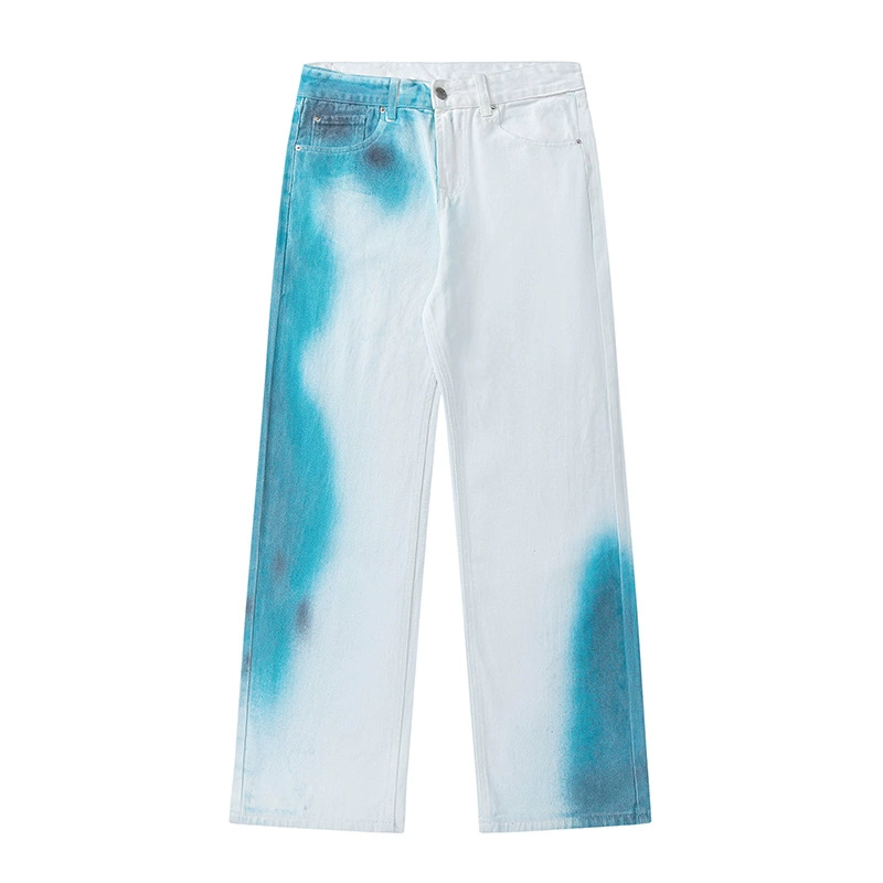 厂家直销男士宽松直筒牛仔裤，复古渐变喷绘设计，春秋休闲风格，多口袋长裤