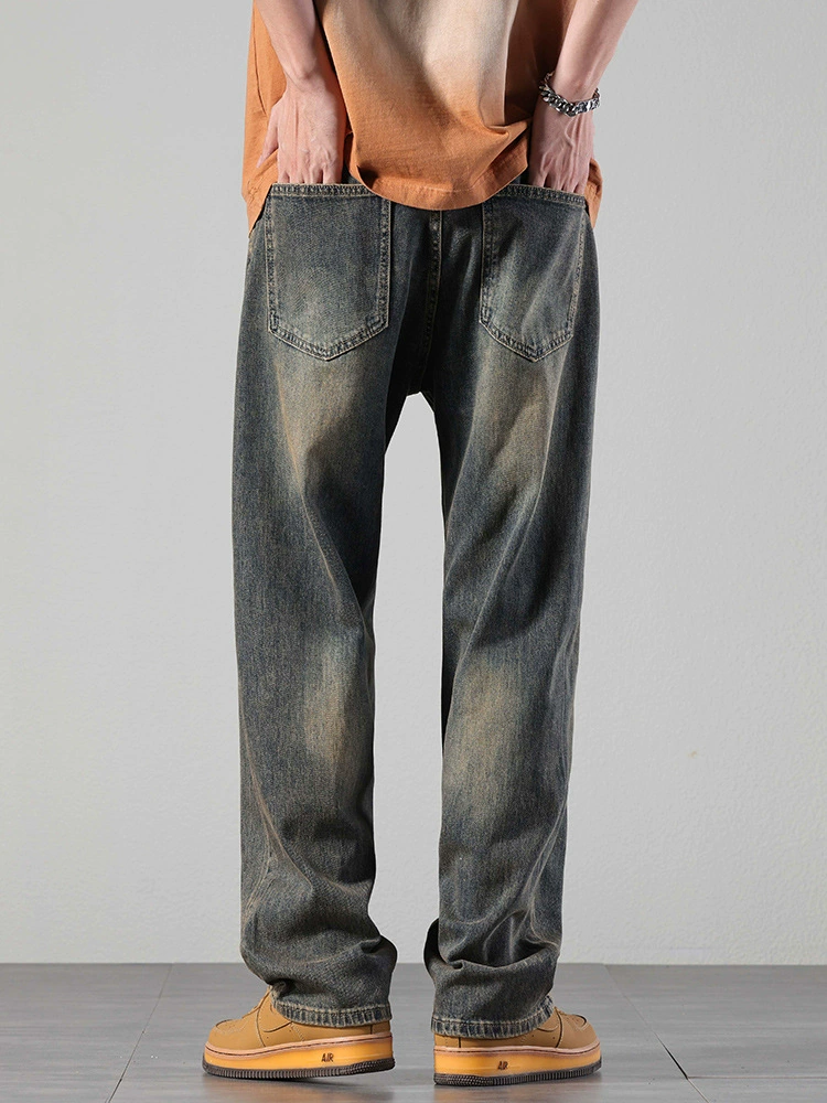 厂家直销男士宽松水洗做旧牛仔裤，复古风格直筒长裤，夏季休闲款，多口袋设计