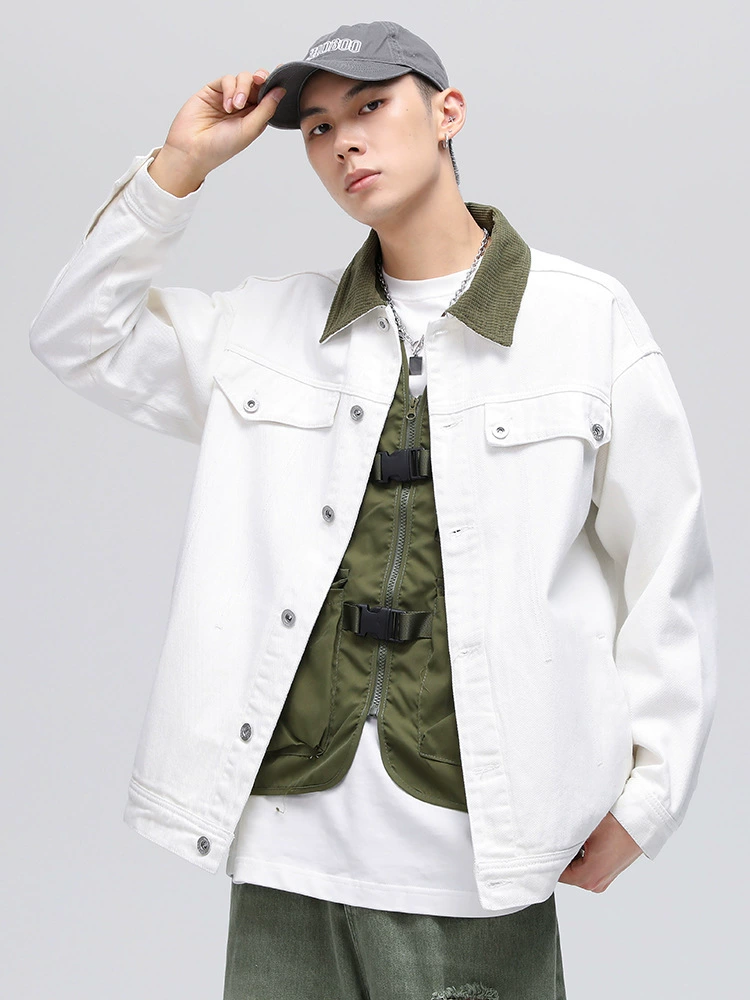 厂家直销男士宽松撞色牛仔外套，春秋休闲风格，透气耐磨设计