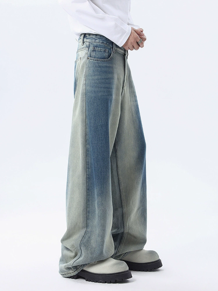 厂家直销男士宽松水洗渐变牛仔裤，秋冬时尚直筒阔腿裤，适合日常休闲，青春潮流风格