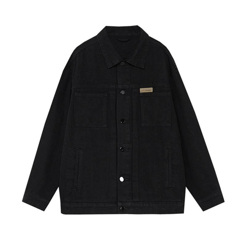 厂家直销男士复古黑色牛仔外套，宽松简约设计，适合春秋季日常穿着，耐磨面料，免烫处理