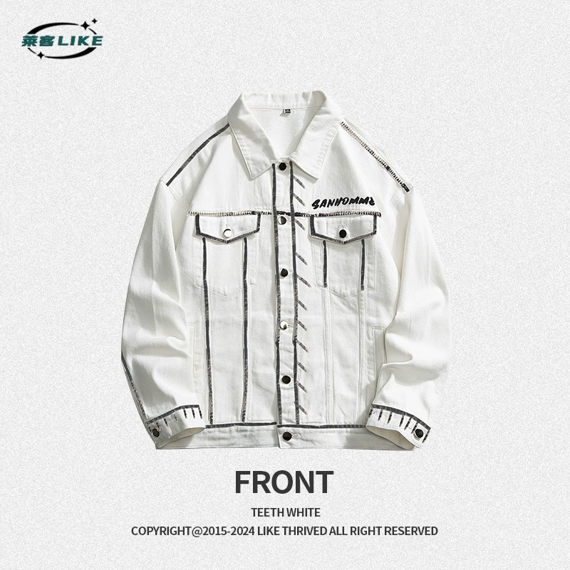 厂家直销男士宽松复古牛仔外套，机车风格，简约设计，春秋季可穿，免烫处理，多口袋装饰