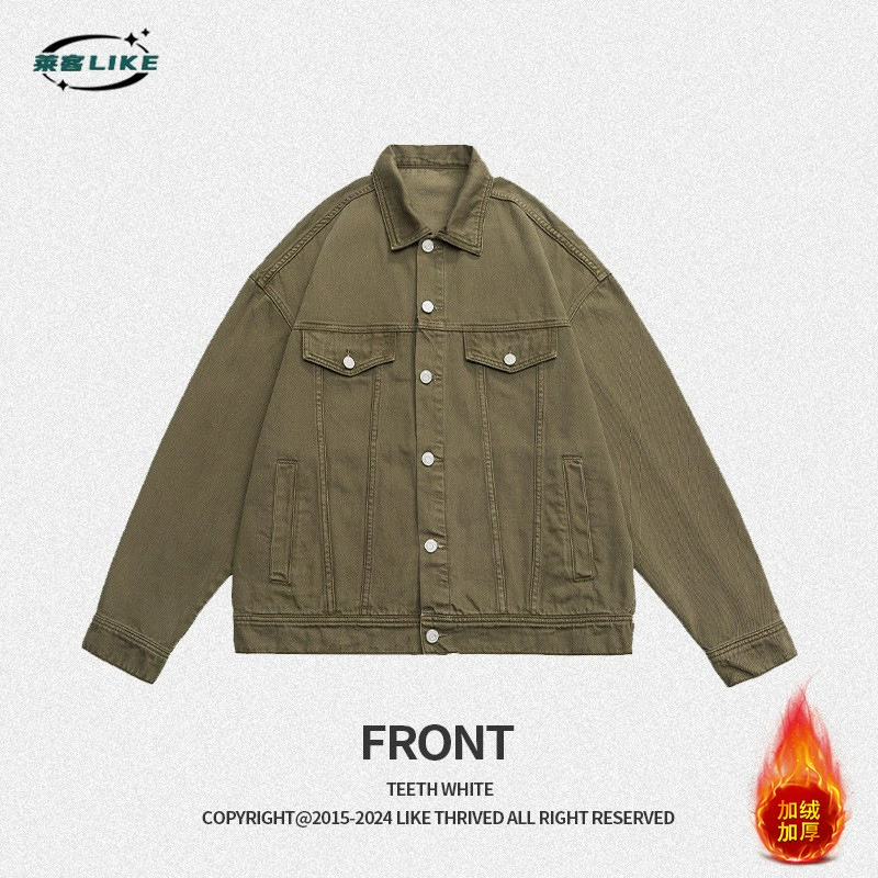 厂家直销男士宽松加绒牛仔外套，四季休闲风，美式复古染色夹克