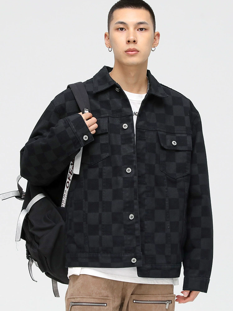 厂家直销男士宽松格子牛仔外套，休闲风格，免烫处理，耐磨防风