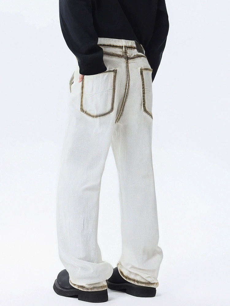 厂家直销男士宽松水洗喷绘牛仔裤，时尚直筒设计，春秋休闲风格，多口袋实用